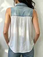 Women's Denim Patchwork Sleeveless Button-Down Top