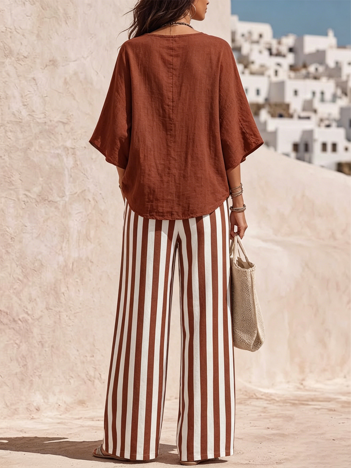 Mediterranean Resort Textured Linen Solid V-neck Flare Sleeve Top Contrast Vertical Stripe Flow Wide Leg Co-ord Set