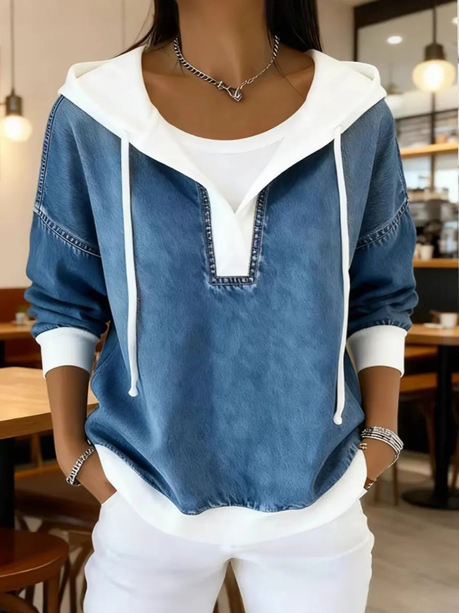 Chic Two-Tone Denim V-Neck Pullover Hoodie