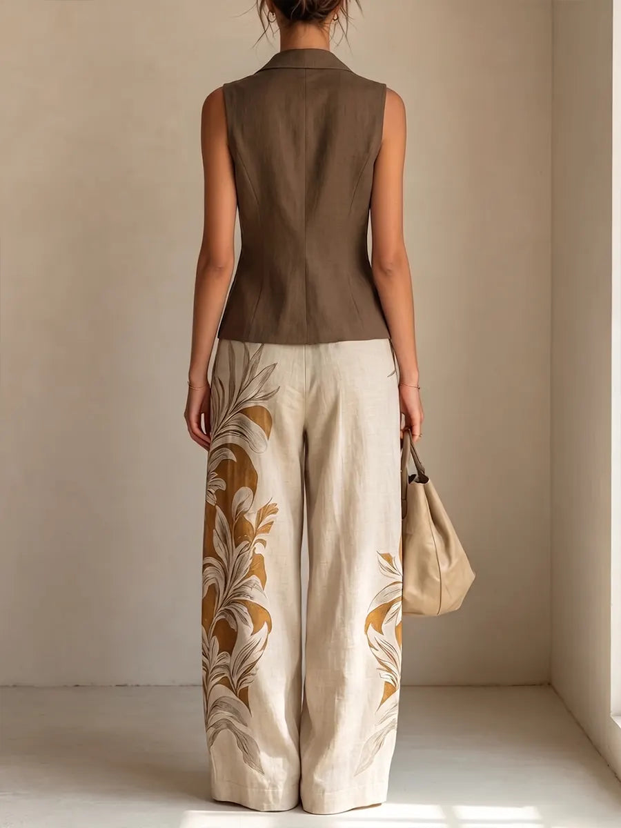 Sophisticated Wrap-Front V-Neck Top & Botanical Wide-Leg Pants