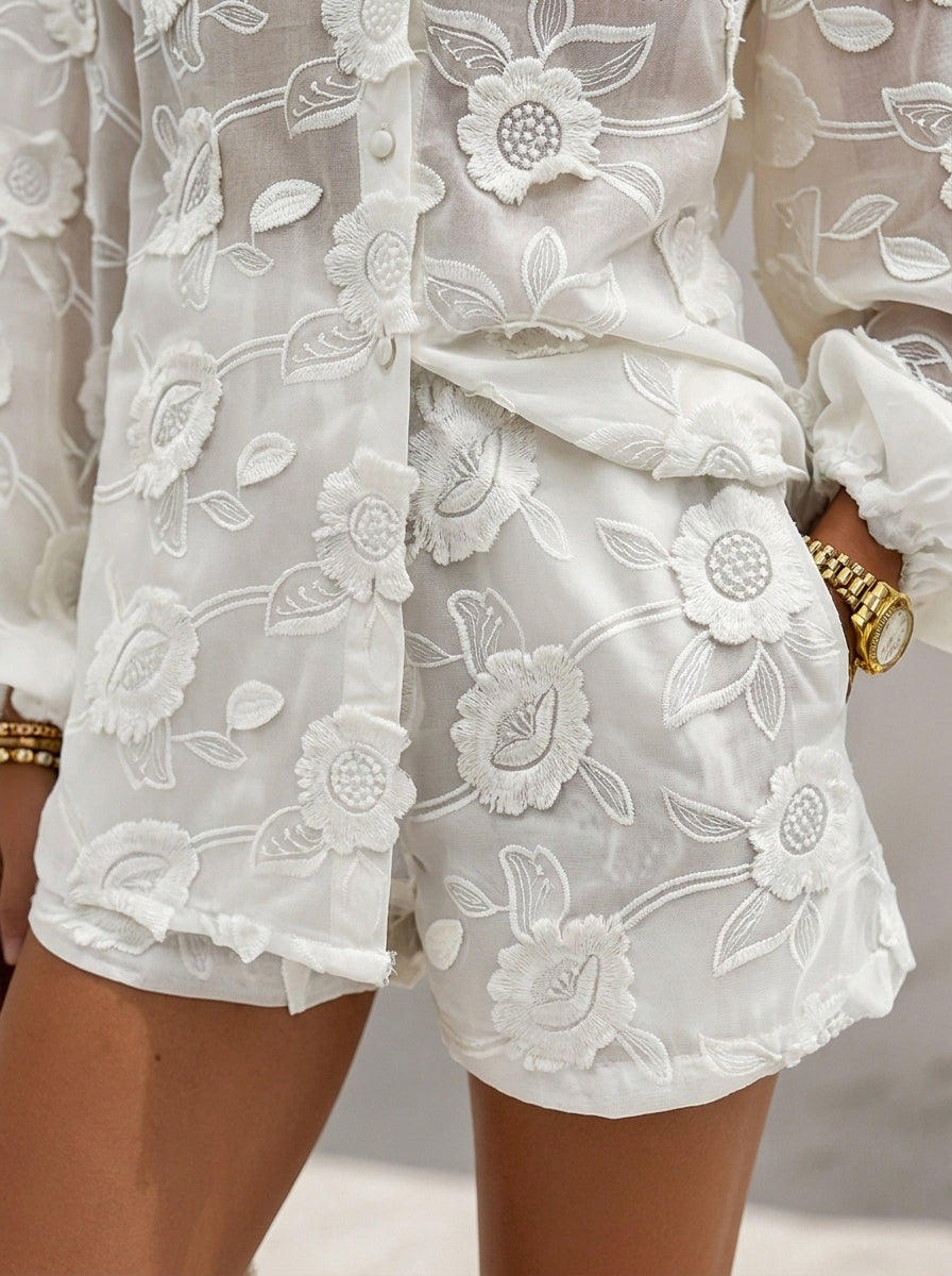Womens 3D Floral Embroidery Sheer Shirt & Shorts Two Piece Set