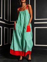 Resort Contrast Color Elastic Square Neck Thin Strap Vertical Stripe Red Splice Pocket Hem Loose Ankle Dress