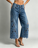 Chic Floral Cutout Cropped Wide-leg Jeans