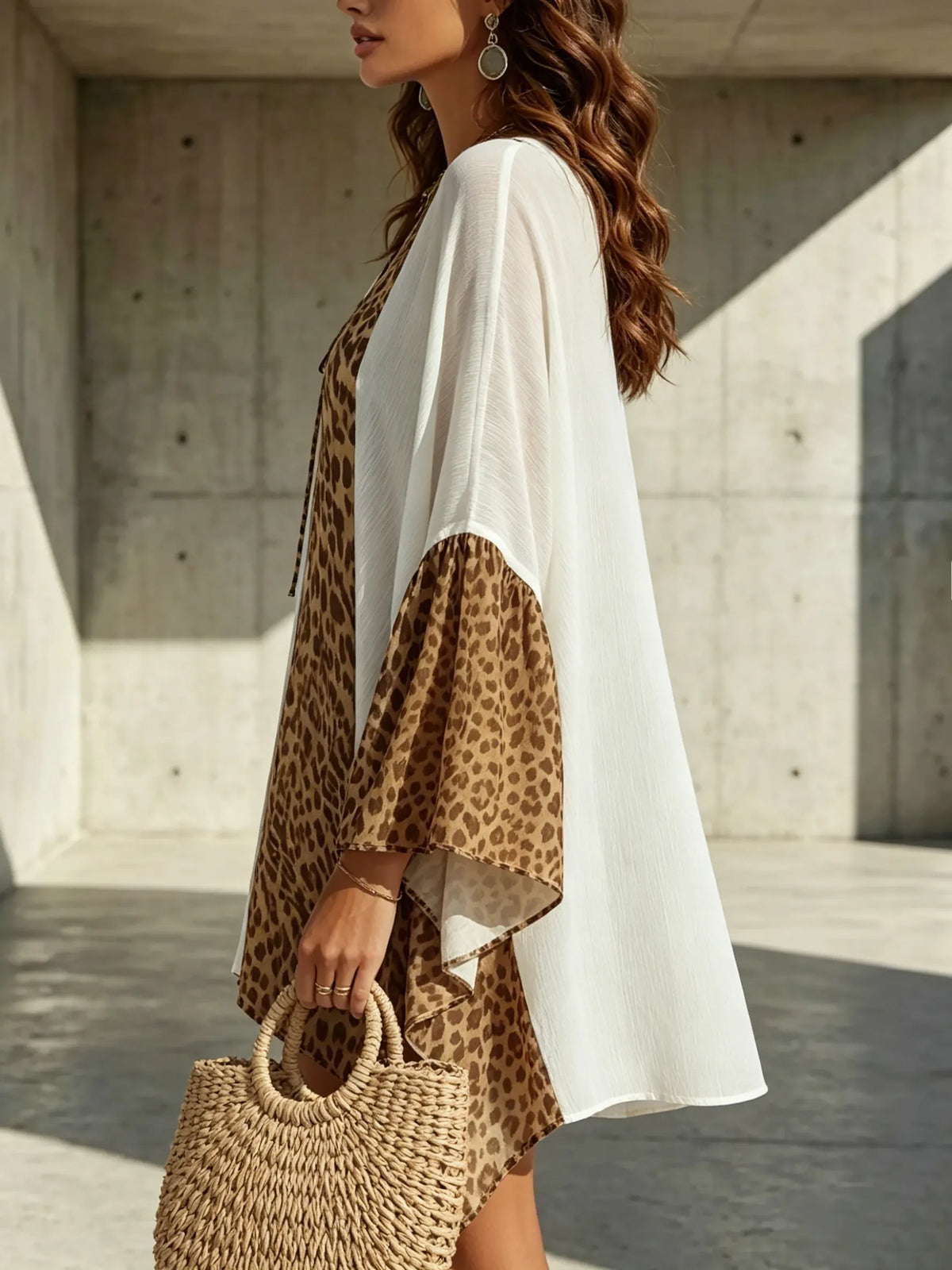 White Leopard-print Panelled Asymmetric Long Shirt