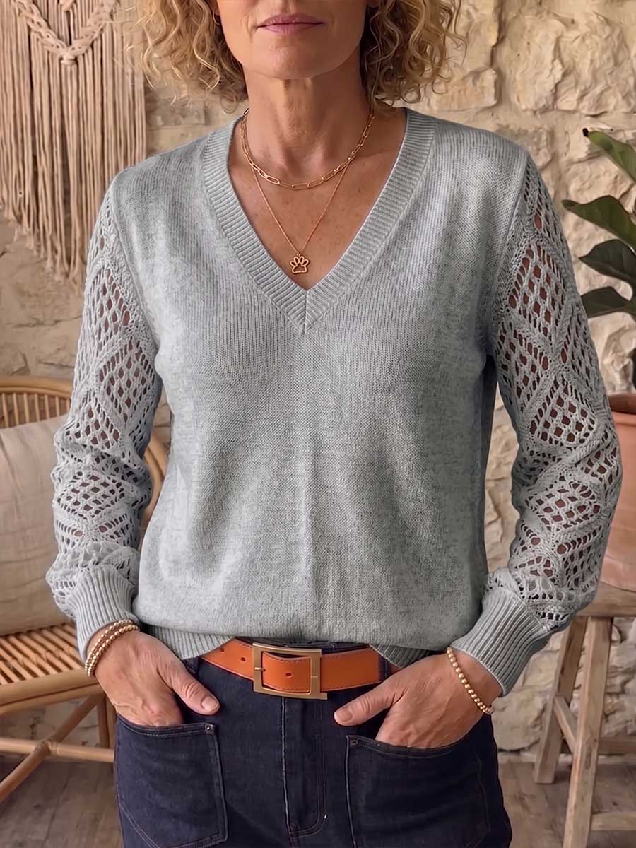 Women's Solid Color V-neck Long-sleeve Casual Loose Cut-out Knit Pullover