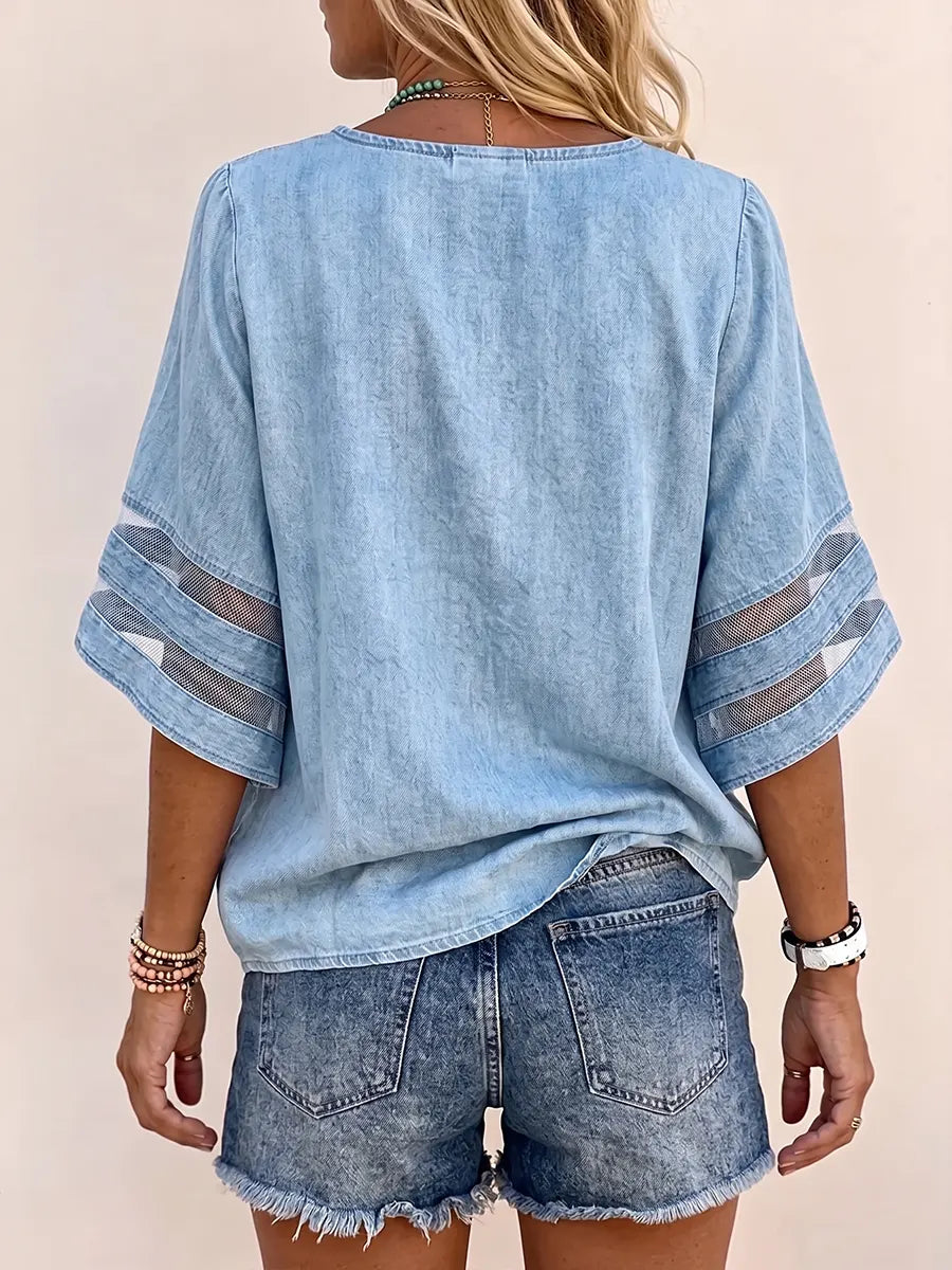 Chic Zip-Front V-Neck Denim-Style Blouse