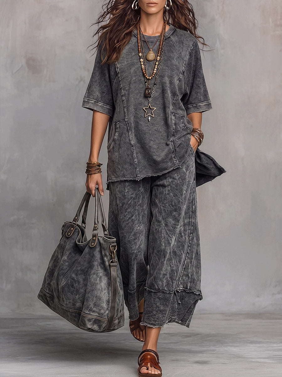 Vintage Art Comfortable Fabrics Patchwork Cotton Sweatshirt Set