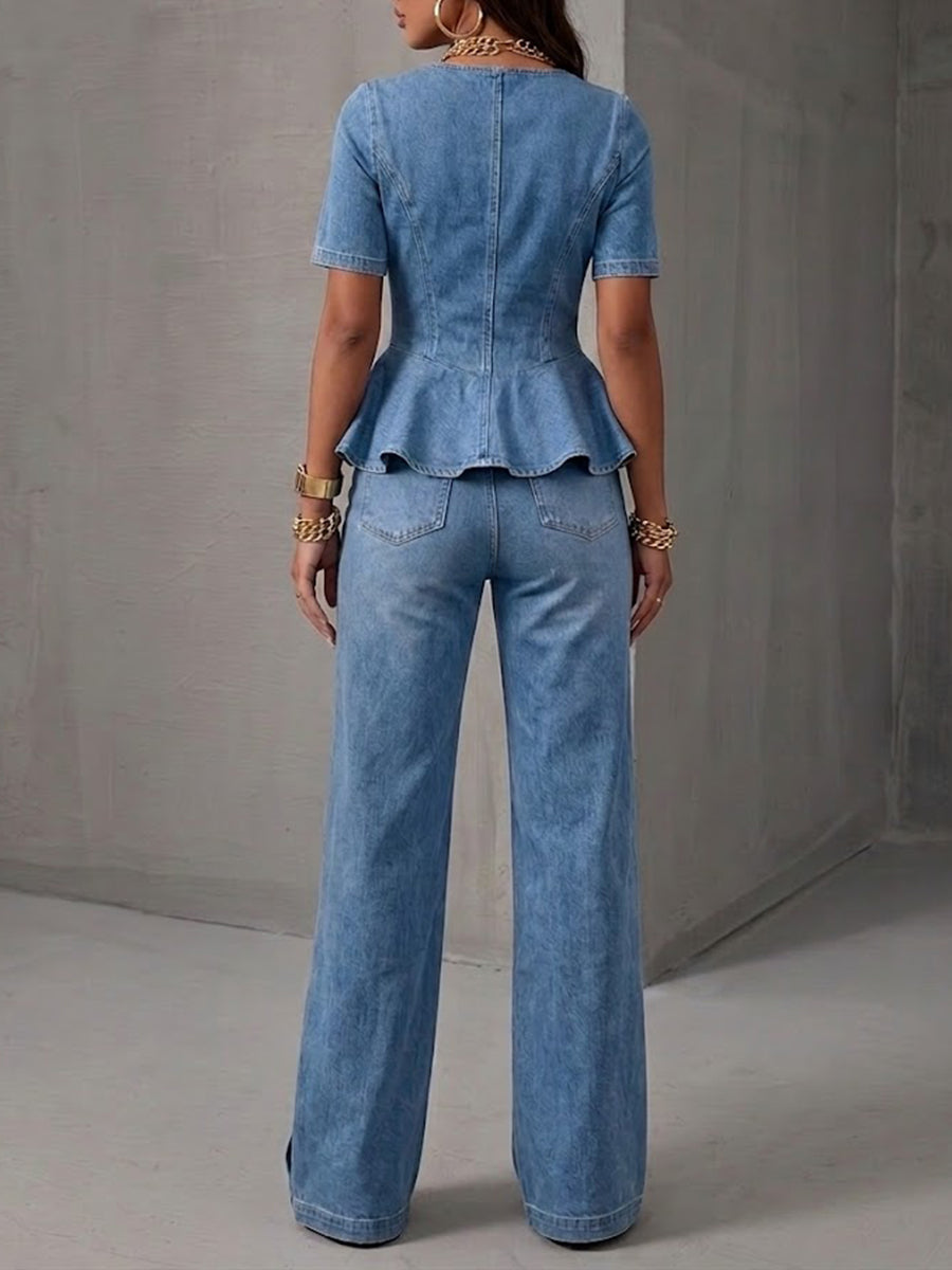 Stylish, Casual, Slim-fit Denim Two-piece Set (top And Jeans)
