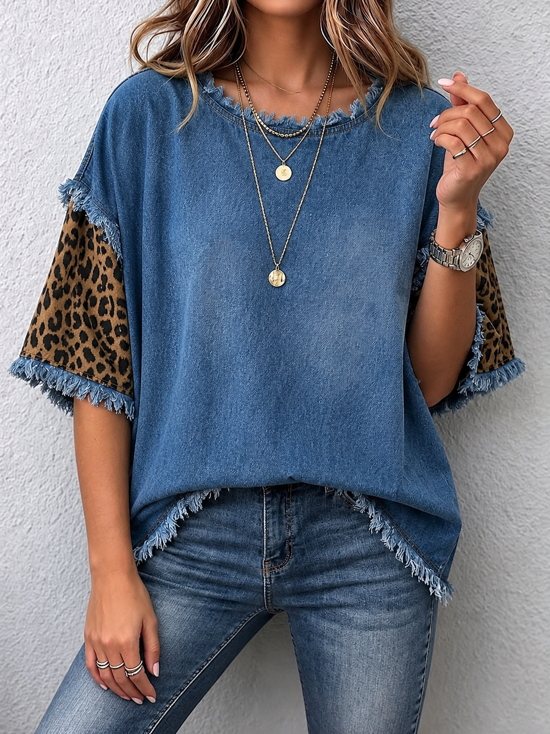 Casual Denim Top With Leopard-print Sleeve Panels And Raw Edges