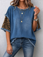 Casual Denim Top With Leopard-print Sleeve Panels And Raw Edges