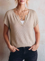 Women's V-neck Short-sleeve Casual Loose Knit Pullover