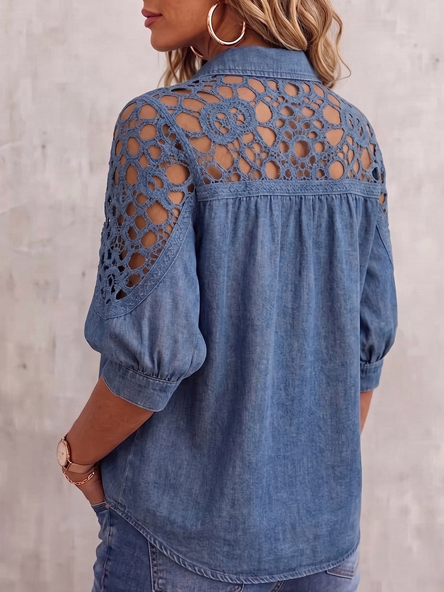 Vintage Elegant Denim Patchwork Hollowed Out Lace Shirt