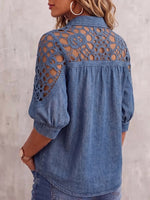 Vintage Elegant Denim Patchwork Hollowed Out Lace Shirt