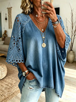 Women's Floral Eyelet Embroidery Washed Denim Loose V Neck Tunic Top