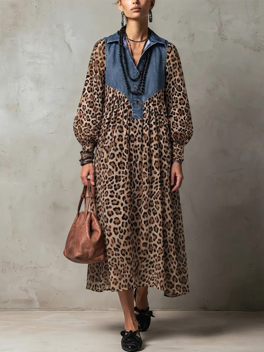 Washed Denim Splice Lapel Half Placket Lantern Long Sleeve Leopard Gathered Loose Maxi Shirt Dress
