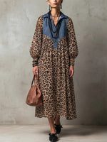 Washed Denim Splice Lapel Half Placket Lantern Long Sleeve Leopard Gathered Loose Maxi Shirt Dress