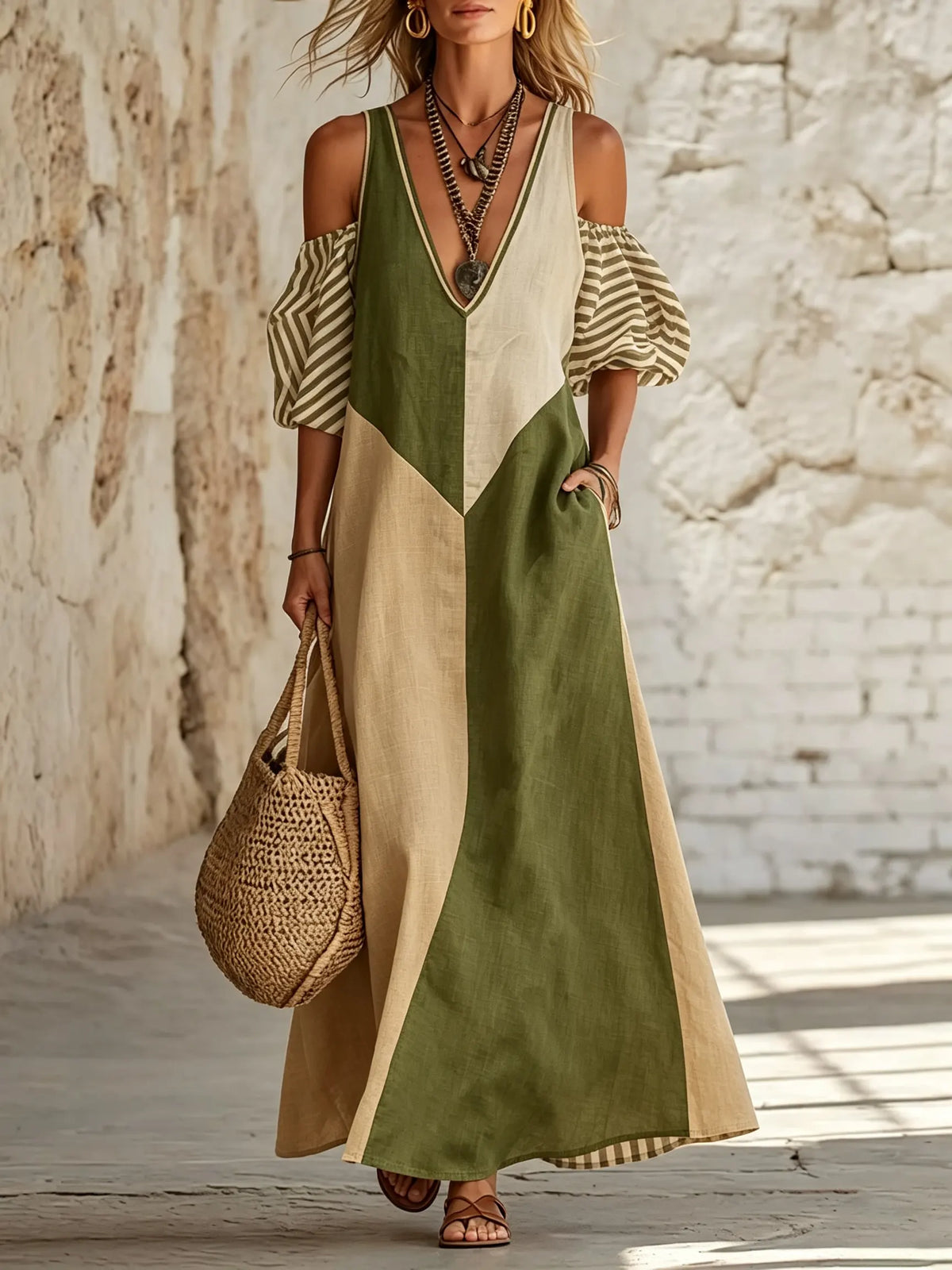 Women's Color Block Stripe Patchwork Cold Shoulder Maxi Dress