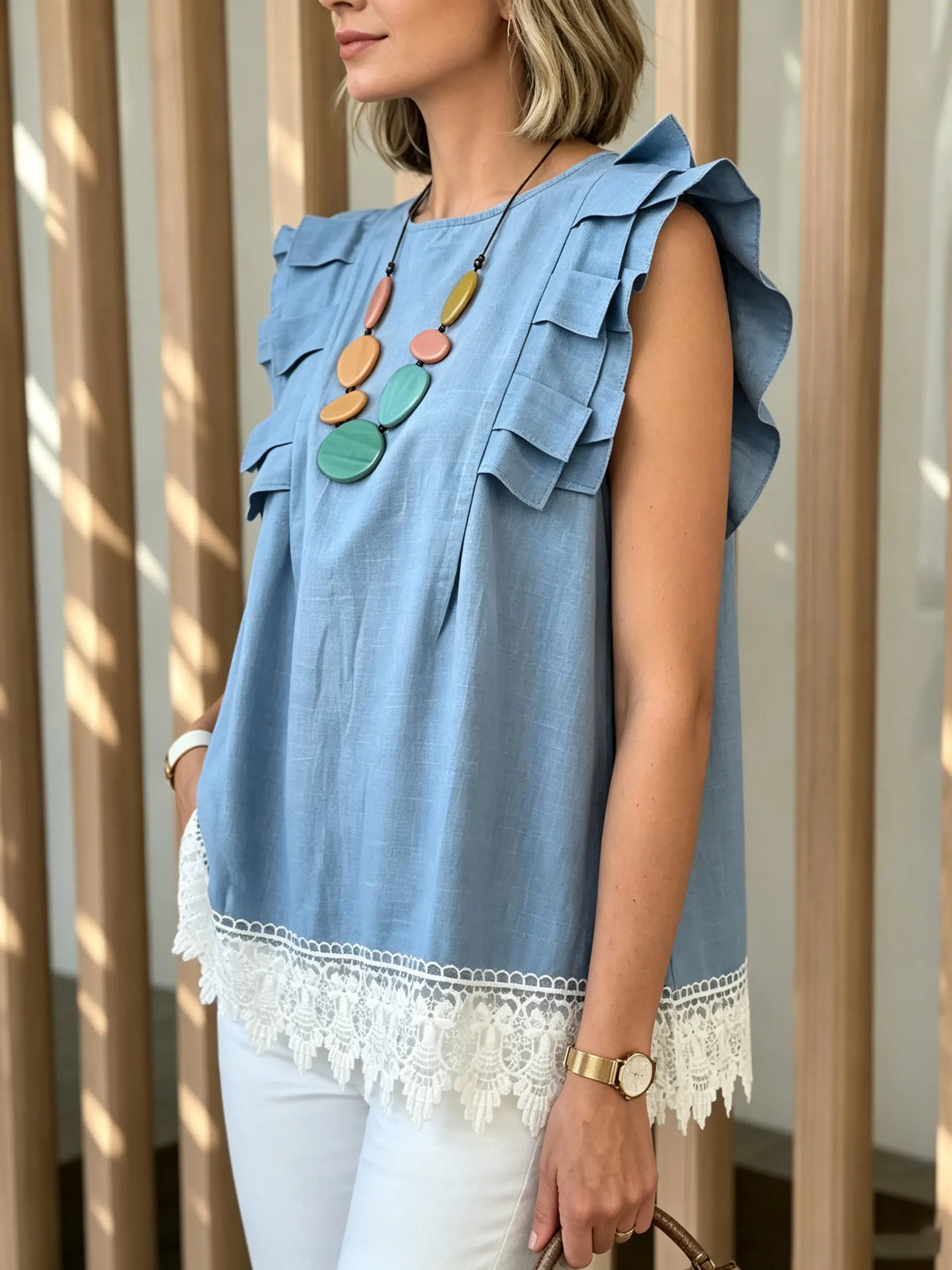 Women's Ruffle Shoulder Lace-Trim Top