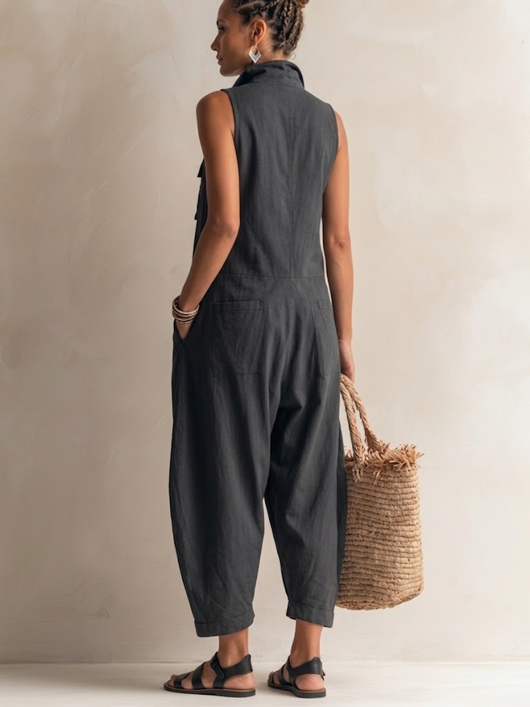Casual Sleeveless Cotton-linen Jumpsuit