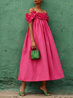Elegant Hot Pink Off-shoulder Dress With Ruffled Collar