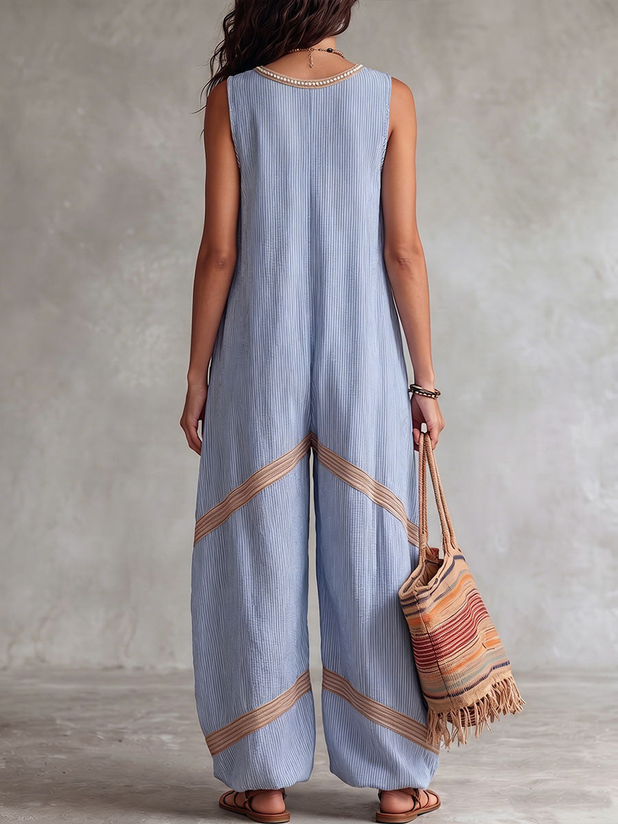 Women's Striped Print V-neck Sleeveless Casual Loose Cotton-linen Wide-leg Jumpsuit