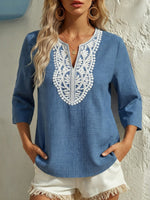 Loose-fit Solid-color Cotton-linen T-shirt With V-neck, Lace Paneling, And Three-quarter Sleeves
