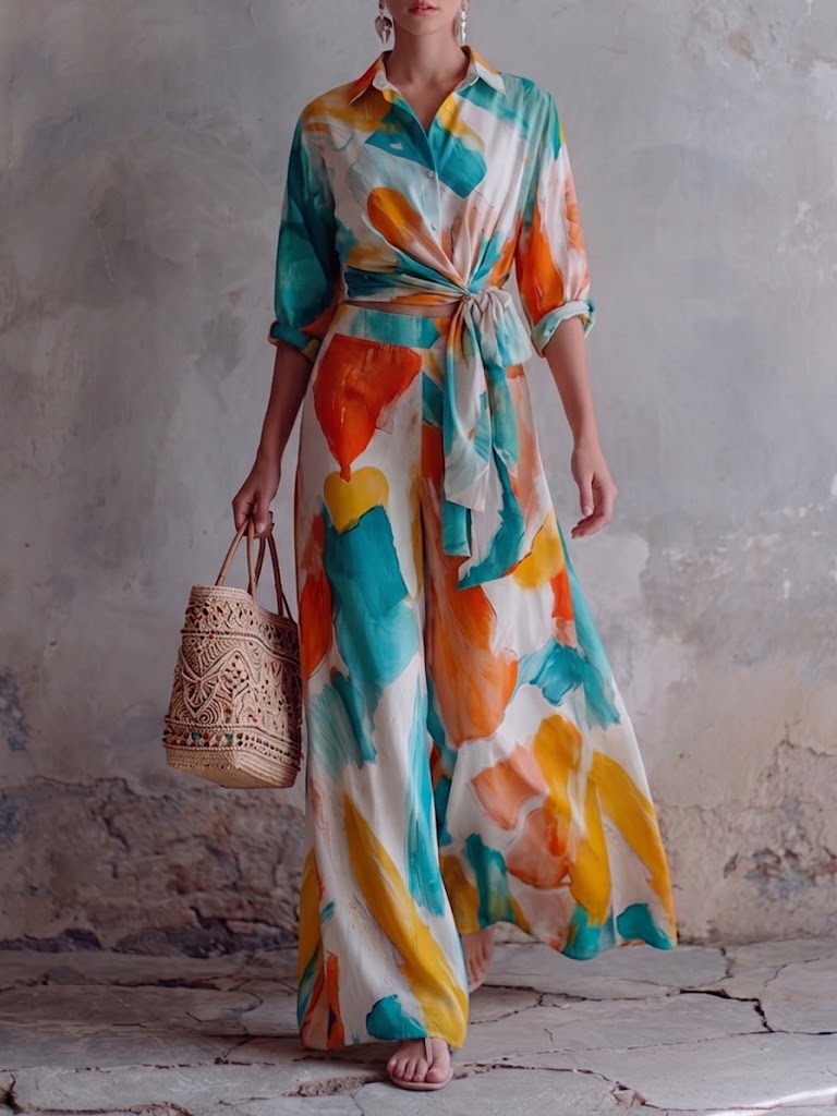 Two-piece Set Featuring An Abstract Brushstroke Print Cotton-linen Shirt And Trousers.