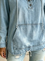 Women's Solid Washed Denim Hooded Henley Top
