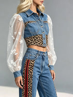 Women's Leopard Stripe Mesh Puff Sleeve Denim Top & Flare Pants Set