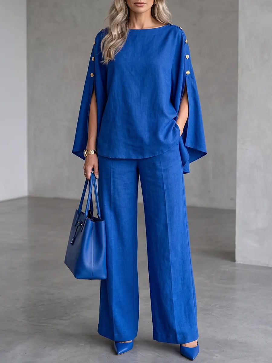 Royal Blue Statement-Button Blouse & Creased Wide-Leg Pants Set