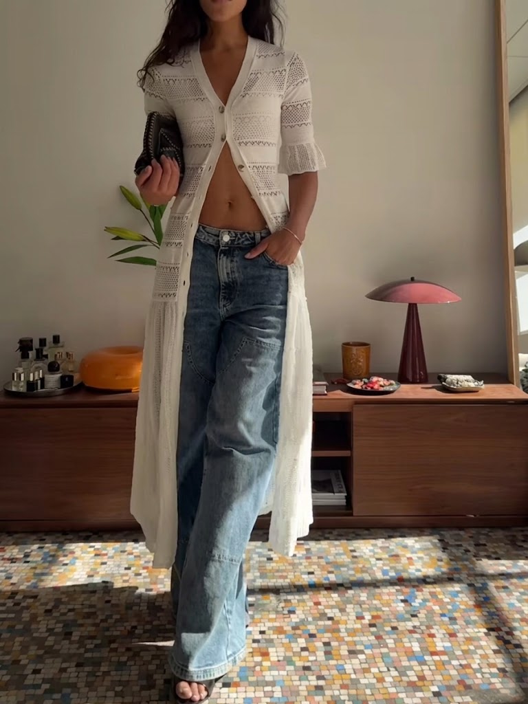 Casual Knit Cardigan With A Cotton-paneled Hem