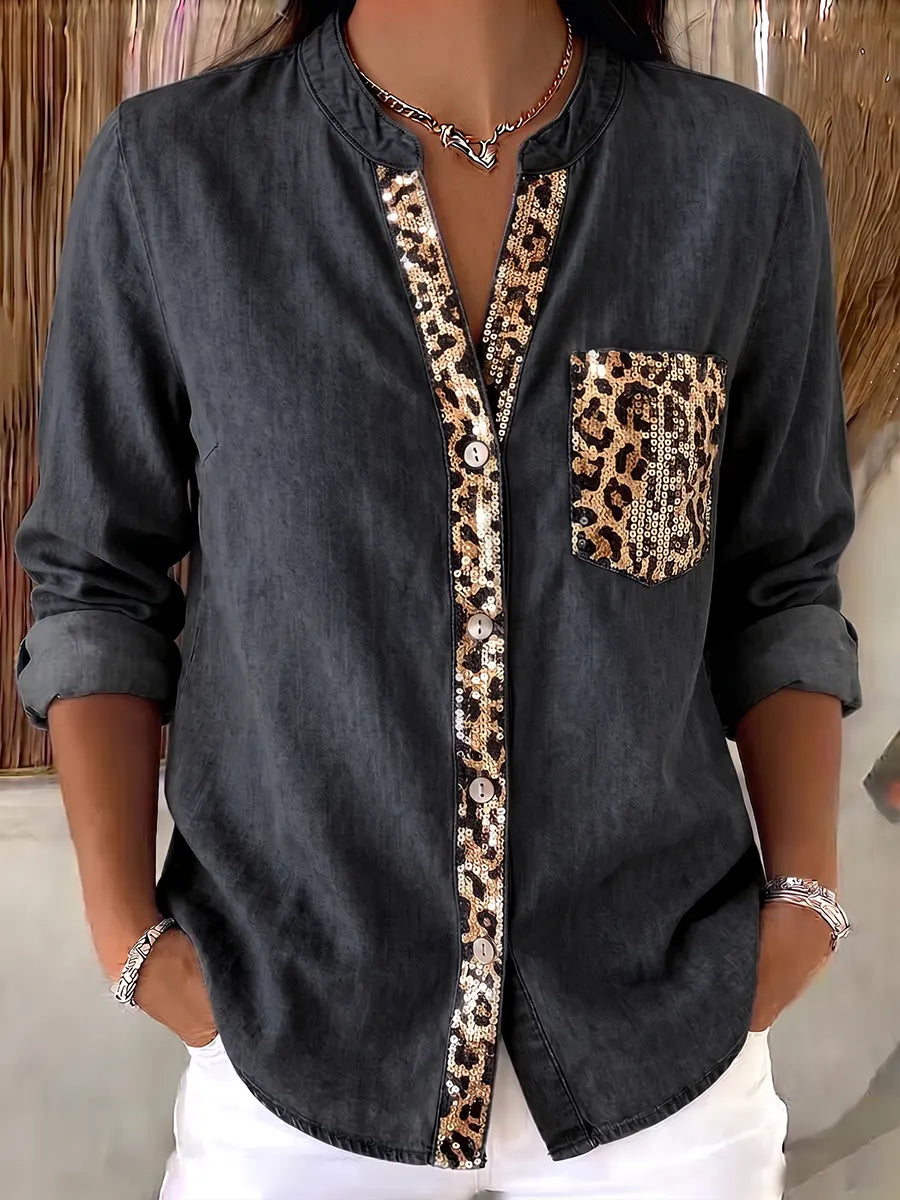 Chic Leopard Sequin Embellished Button-Down Top
