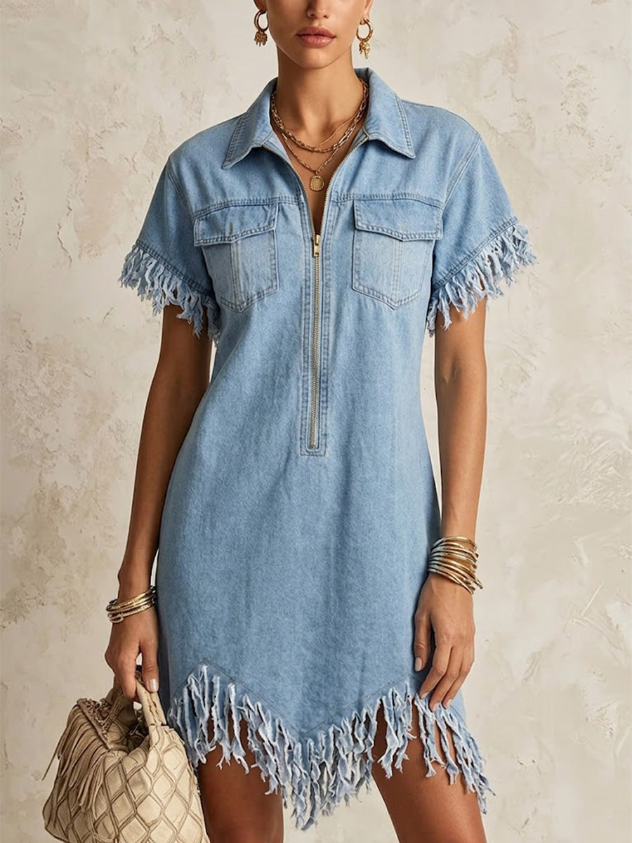 Wash Lapel Half Zip Fringe Raw Edge Short Sleeve Loose Denim Mini Dress