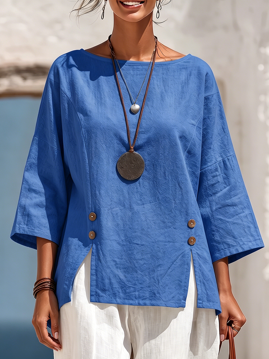 Breathable Blue Comfortable Cotton-linen Top