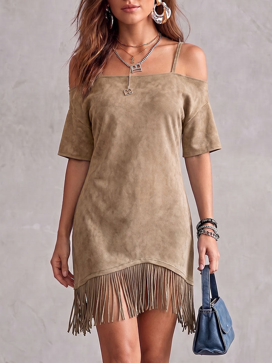 Women's Solid Color Short-sleeve Casual Loose Suede Dress With Tassels