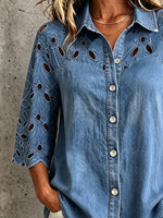 Elegant Boho Floral Lace Three-quarter Sleeves Denim Shirt Top