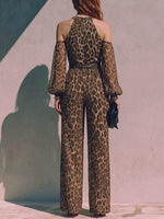 Women's Leopard Print Crew Neck Long-sleeve Casual Loose Wide-leg Jumpsuit