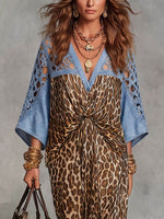 Vintage Elegant Denim Cut-Out Lace Patchwork Chiffon Dress