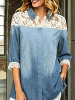 Women's Floral Lace Spliced Washed Denim 3/4 Sleeve Blouse