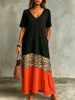 Women's V-neck Color Block Leopard Print Patchwork Maxi Dress With Pockets