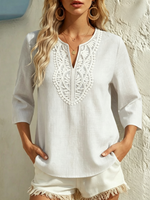 Loose-fit Solid-color Cotton-linen T-shirt With V-neck, Lace Paneling, And Three-quarter Sleeves
