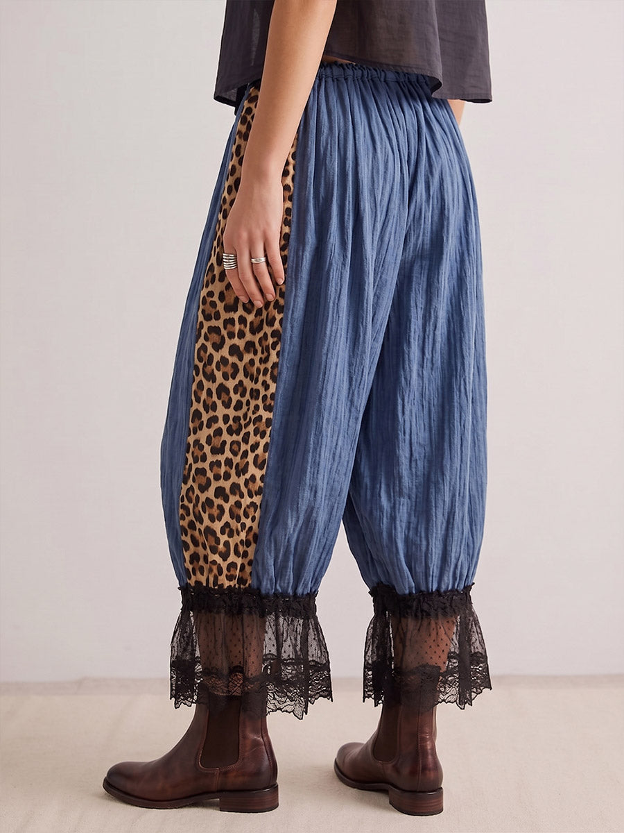 Vintage Art Comfortable Fabrics Hollowed Out Lace Patchwork Leopard Pants