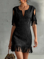 V-neck, Off-shoulder, Short-sleeve, Loose-fit Midi Dress In Faux Suede With Fringe Detailing—perfect For A Vacation Look