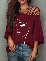 Loose-fit Top Featuring A Spliced asymmetrical Neckline, Abstract Line-art Face Graphic, Dropped Shoulders, And Flared Mid-length Sleeves