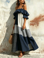 Women's Polka Dot Stripe Color Block Ruffle Off Shoulder Spaghetti Strap Maxi Dress