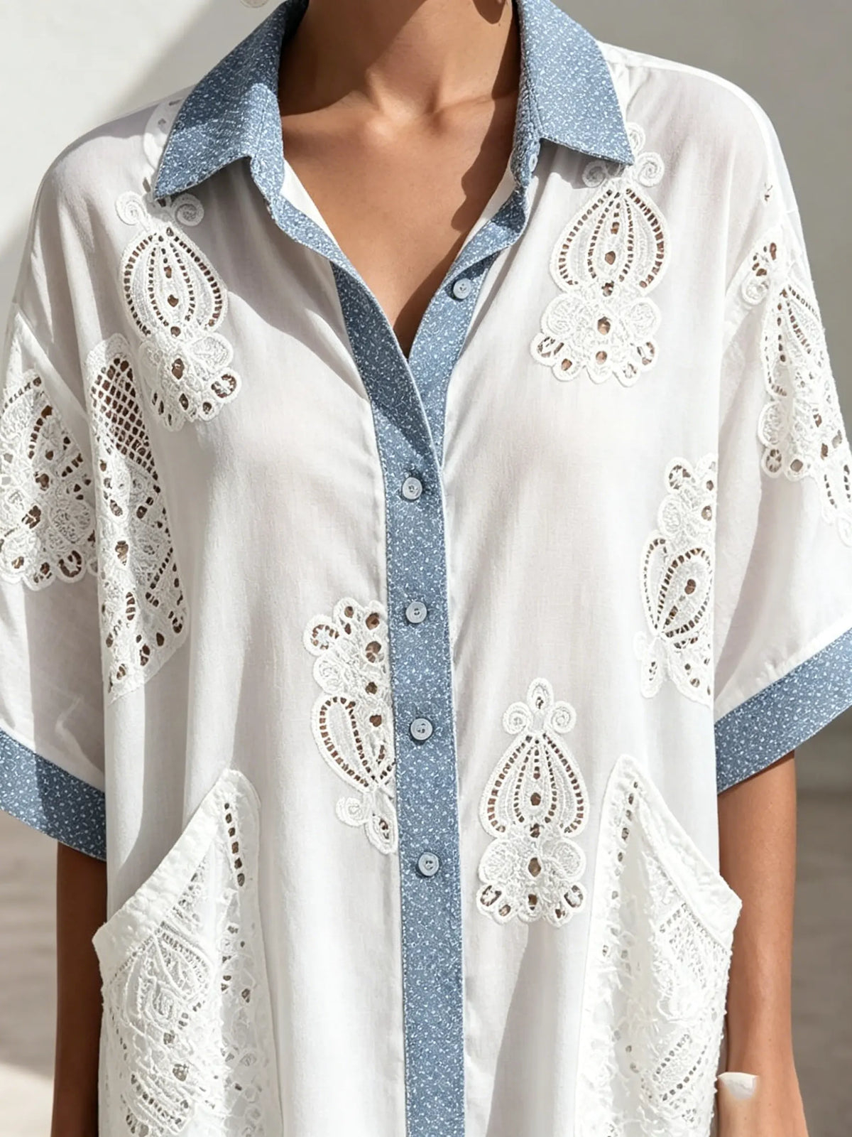 Women Floral Eyelet Embroidery Contrast Polka Dot Collar Short Sleeve Shirt Mini Dress
