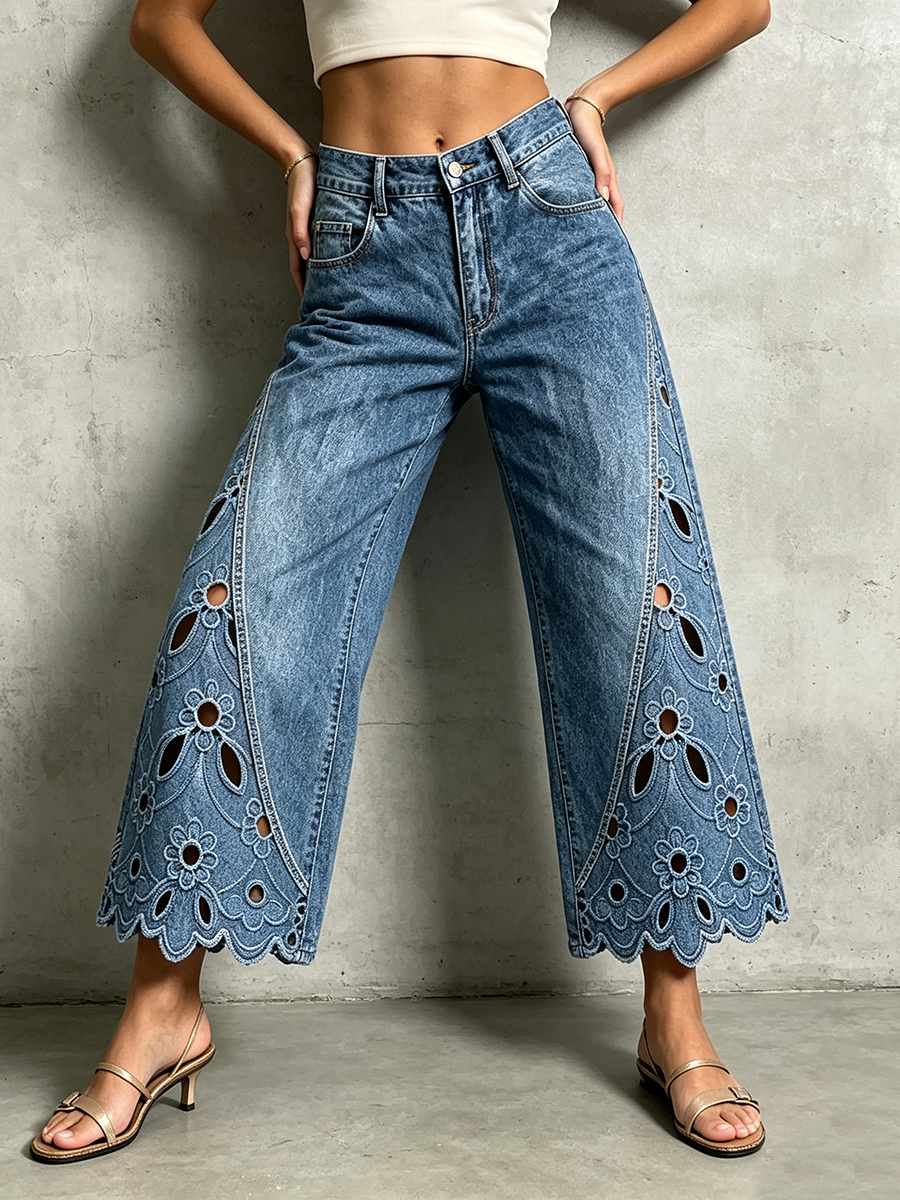 Chic Floral Cutout Cropped Wide-leg Jeans