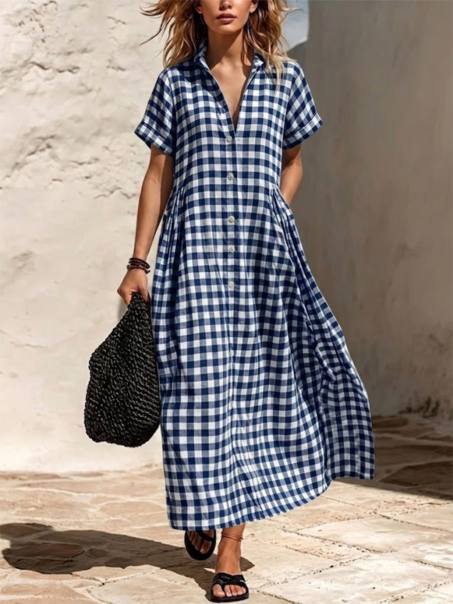 Loose And Comfortable Plaid Cotton-linen Shirt Dress