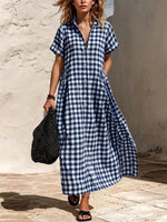 Loose And Comfortable Plaid Cotton-linen Shirt Dress