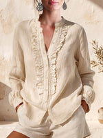 Women's Solid-color Stand-collar Long-sleeve Casual Loose Cotton-linen Shirt